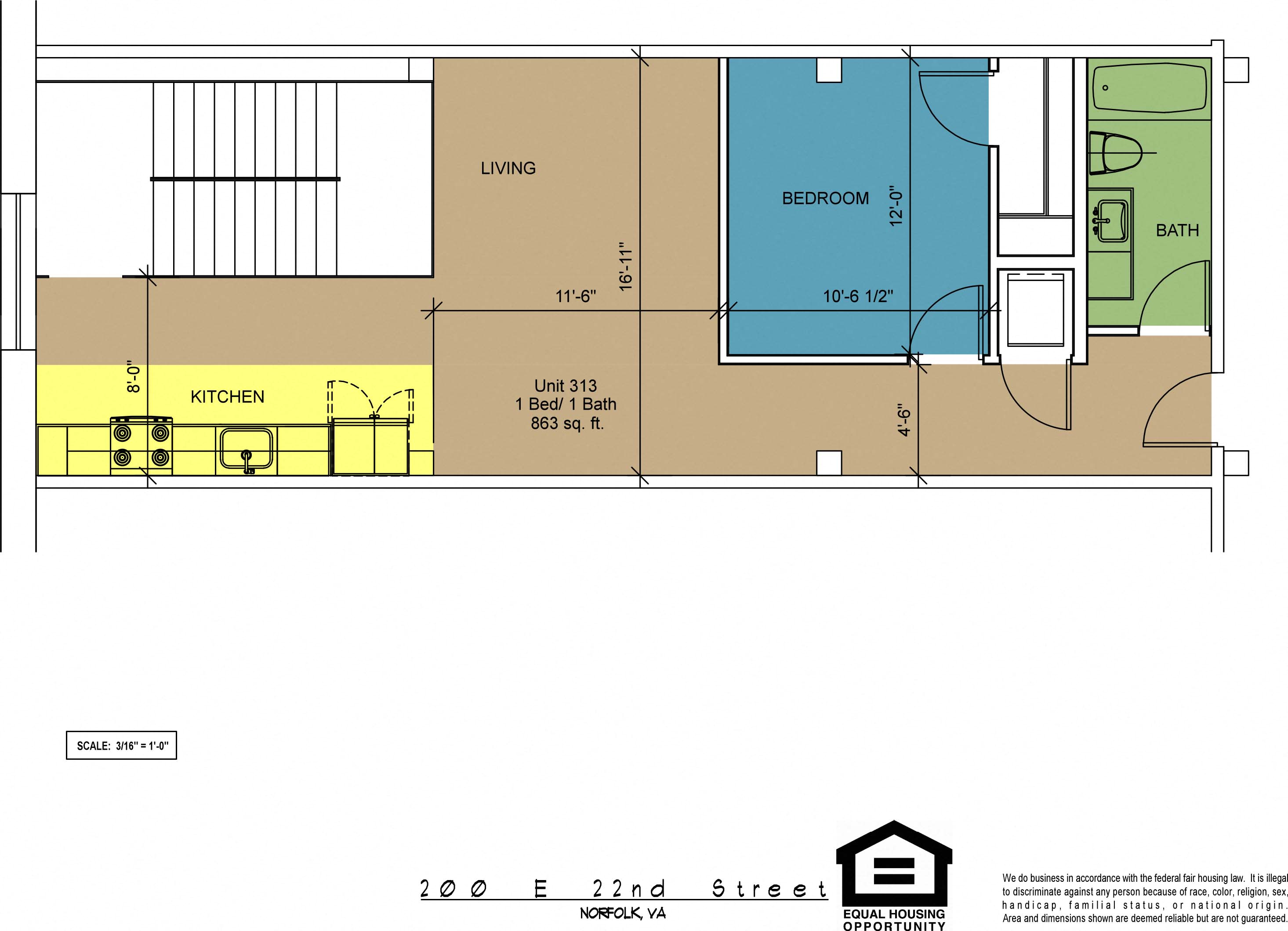 Floor plan for 1 bed, 1 bath, 863 sqft